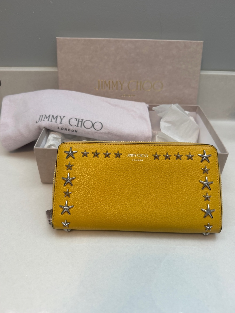 Authentic Jimmy Choo Star Studs Zip-Around Wallet – Mustard Yellow